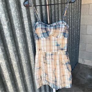 100% Cotton Multicolor Blue Tan Bleached Plaid Mini Dress Size 6